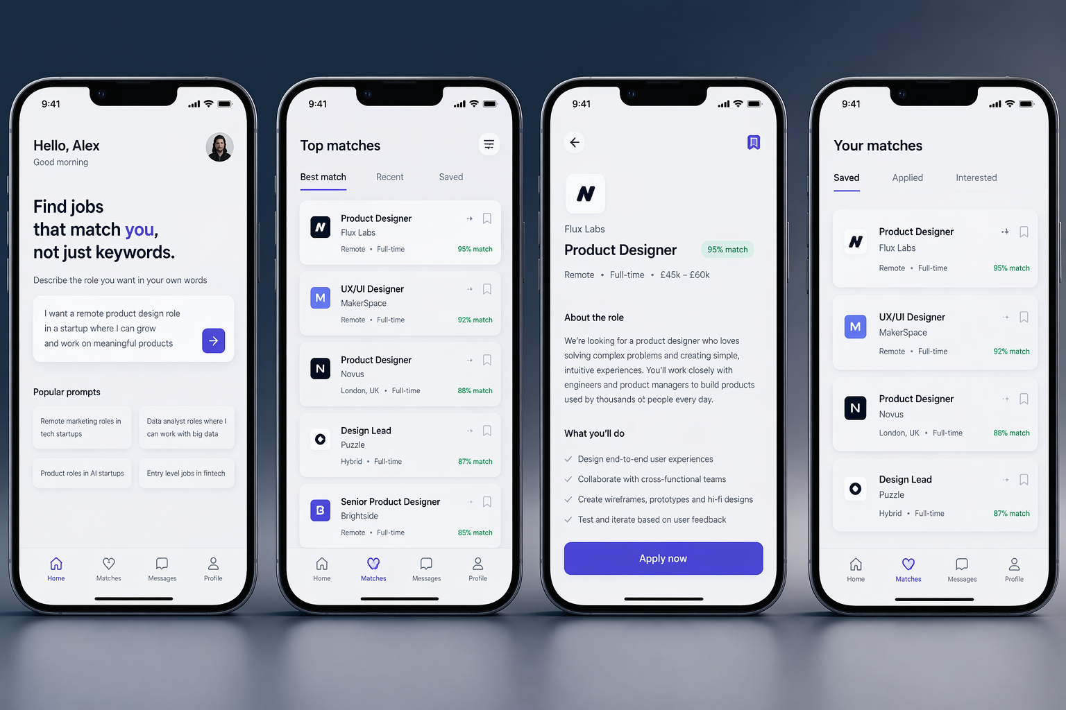 Prompt-based job discovery prototype — four mobile screens